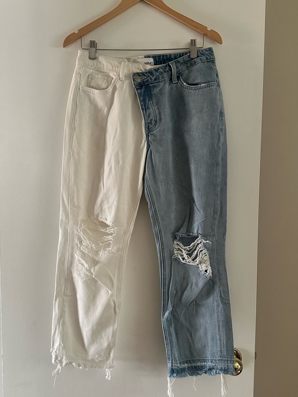Two-Tone Straight Leg Jeans in White & Blue
